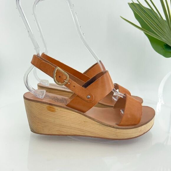 Ancient Greek Sandals Women's Sandal Size 37 7 Saddle Tan Leather Slingback Wood - Picture 3 of 16